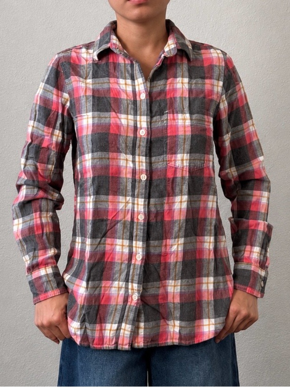 Old Navy Red, Gray and White Plaid Button-Up Shirt